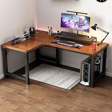 میز گیمینگ و میز کار L شکل حرفه ای ، مدرن و قهوه ای