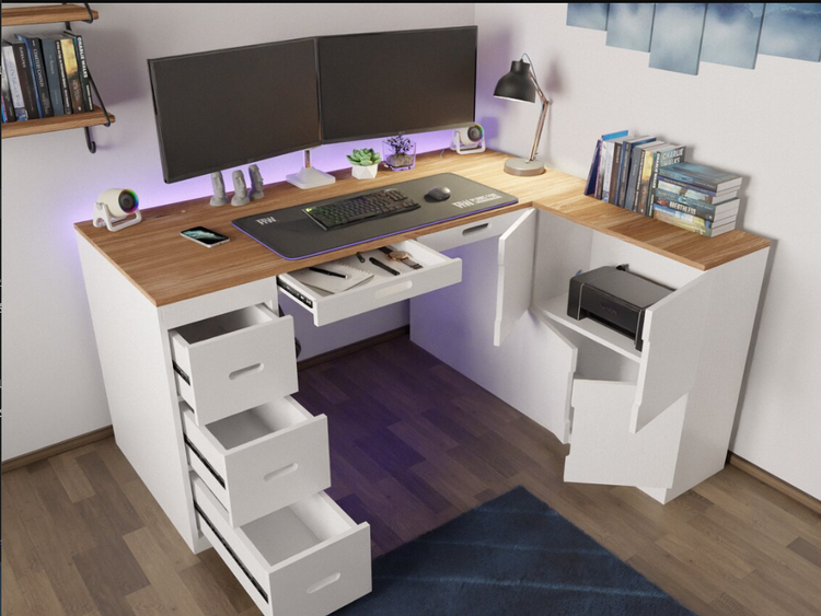 میز گیمینگ و میز کار L شکل تمام MDF با کشو و کمد فایل