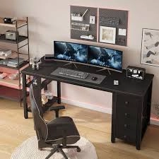 میز گیمینگ و ترید مشکی تمام MDF با کشو و قفسه کناری