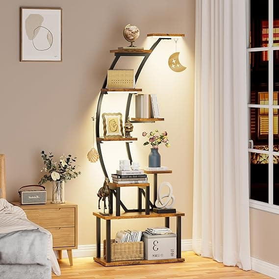 کتابخانه مدرن ترکیب ام دی اف و فلز 9 طبقه طرح دار همراه با نور پردازی رنگ قهوه ای روشن | رنگ بندی دارد