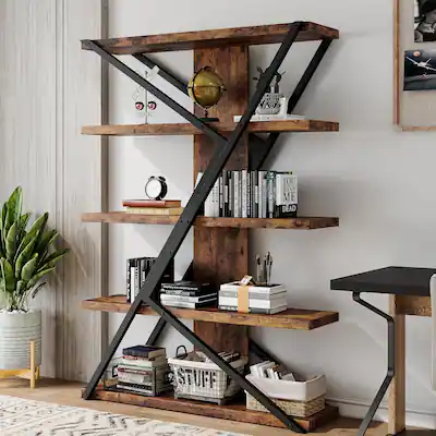 کتابخانه مدرن ترکیب ام دی اف و فلز 5 طبقه طرح دار دو رنگ مشکی و قهوه ای تیره | رنگ بندی دارد