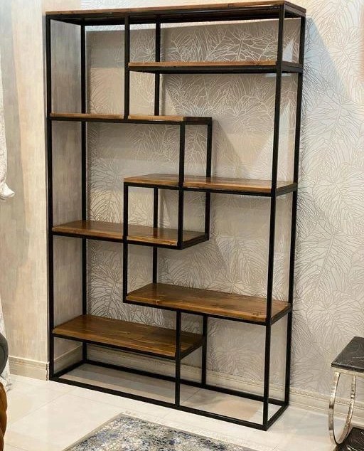 کتابخانه مدرن 6 طبقه ترکیب چوب و فلز رنگ قهوه ای تیره | رنگ بندی دارد
