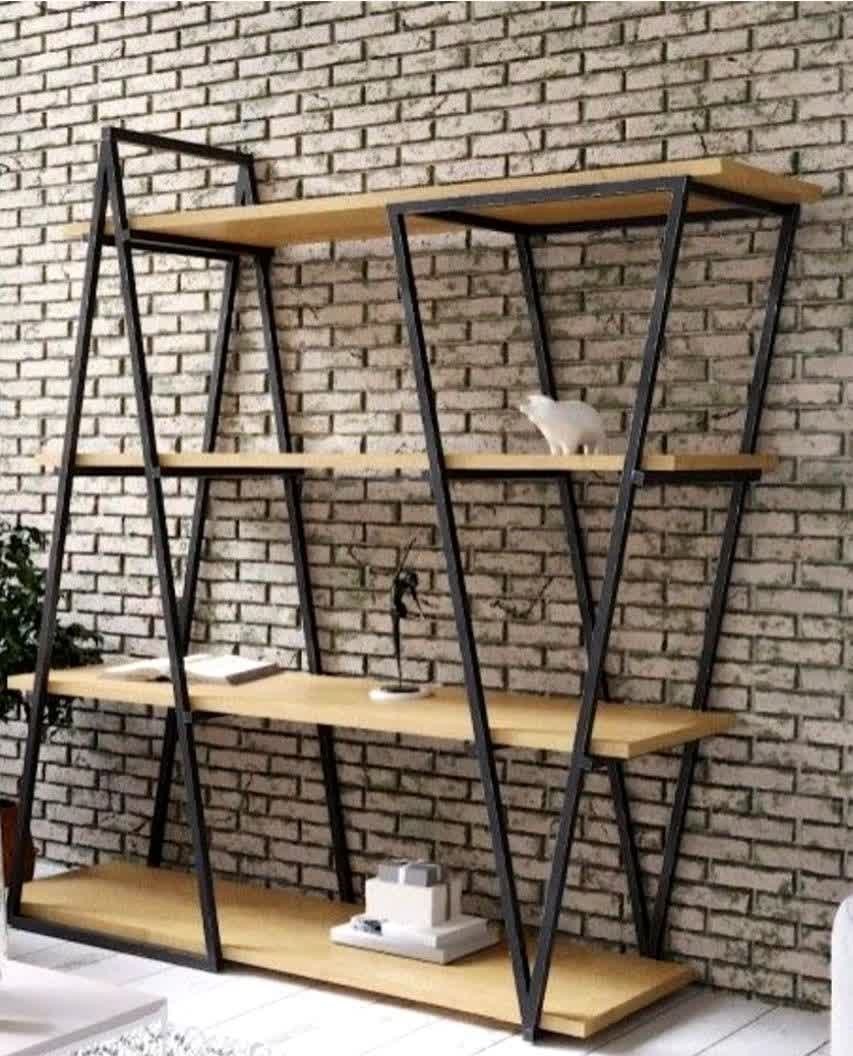 کتابخانه مدرن 4 طبقه چوب و فلزی رنگ قهوه ای روشن | رنگ بندی دارد