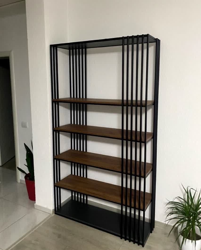 کتابخانه مدرن و مینیمال چوب و فلزی رنگ قهوه ای تیره | رنگ بندی دارد