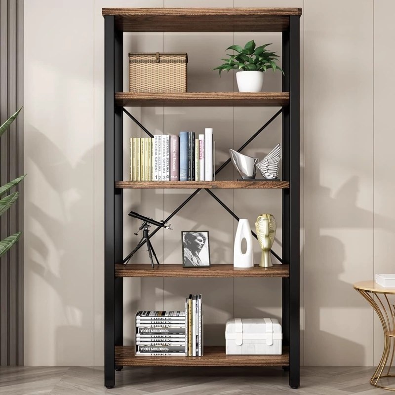 کتابخانه مدرن 4 طبقه چوب و فلزی رنگ قهوه ای تیره | رنگ بندی دارد