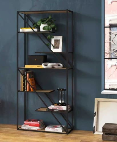 کتابخانه مدرن چوب و فلز 7 طبقه رنگ بلوطی | رنگ بندی دارد