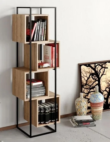 کتابخانه مدرن کم جا چوب و فلز 4 طبقه رنگ بلوطی | رنگ بندی دارد