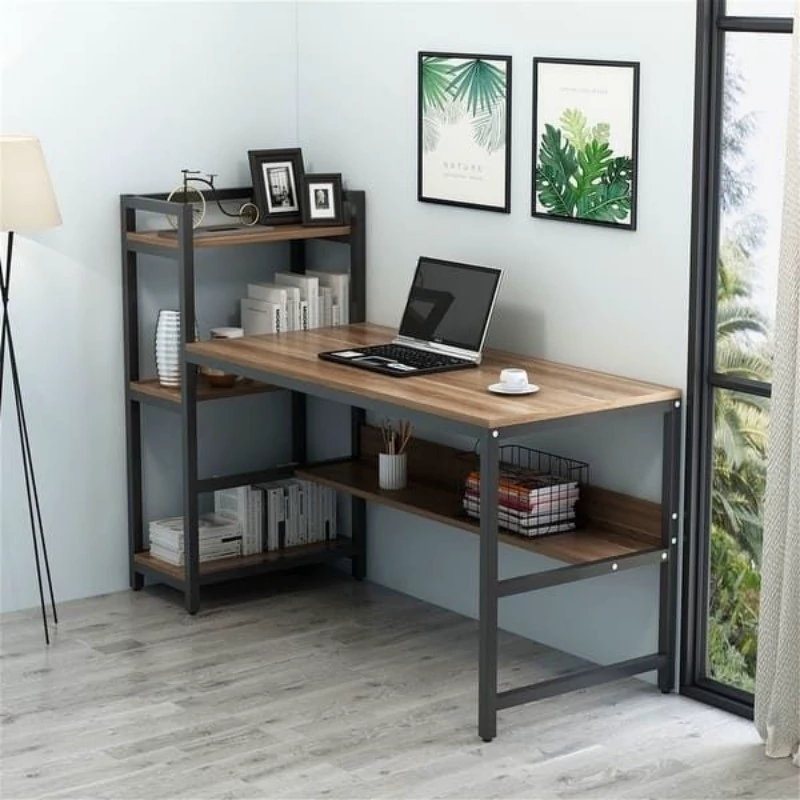 میز تحریر مدرن شلف و کتابخانه دار چوب و فلز رنگ قهوه ای تیره | رنگ بندی دارد