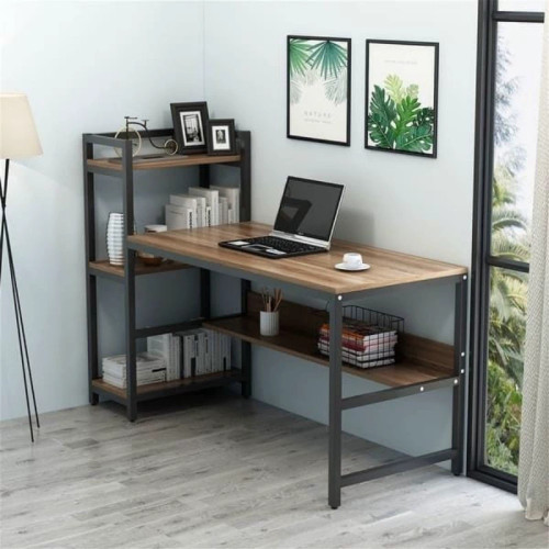 میز تحریر مدرن شلف و کتابخانه دار چوب و فلز رنگ قهوه ای تیره | رنگ بندی دارد