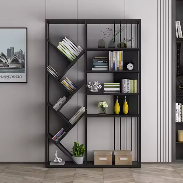 کتابخانه مدرن بزرگ 6 طبقه چوب و فلز رنگ مشکی | رنگ‌بندی دارد