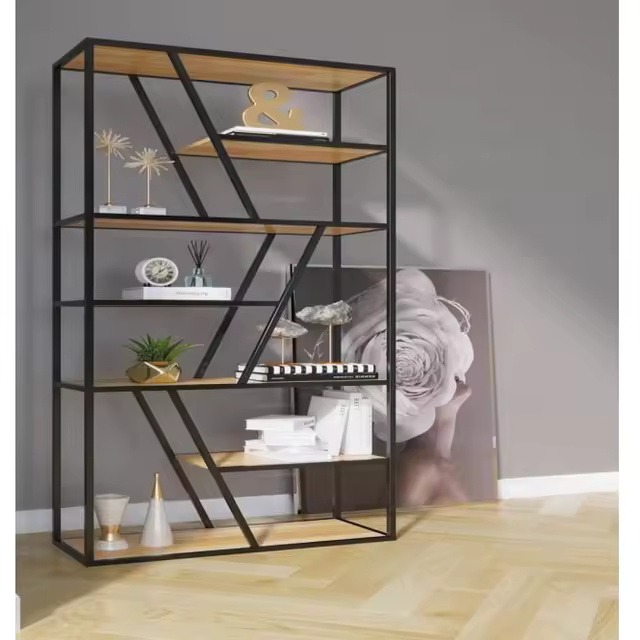 کتابخانه مدرن بزرگ 6 طبقه چوب و فلز رنگ بلوطی | رنگ‌بندی دارد