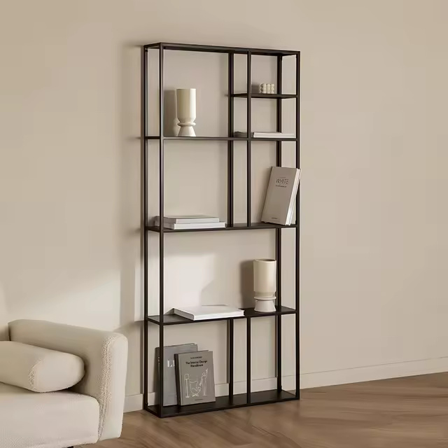 کتابخانه مدرن و مینیمال 5طبقه چوب و فلز رنگ مشکی مات | رنگ‌بندی دارد