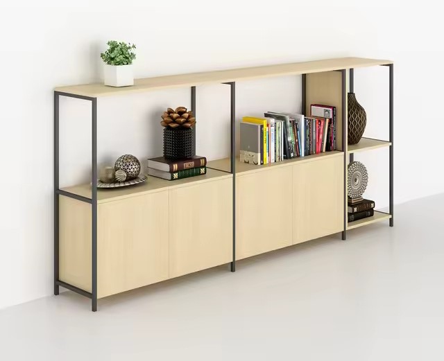 کتابخانه مدرن و کم جا 2 طبقه چوب و فلز رنگ بلوطی | رنگ‌بندی دارد